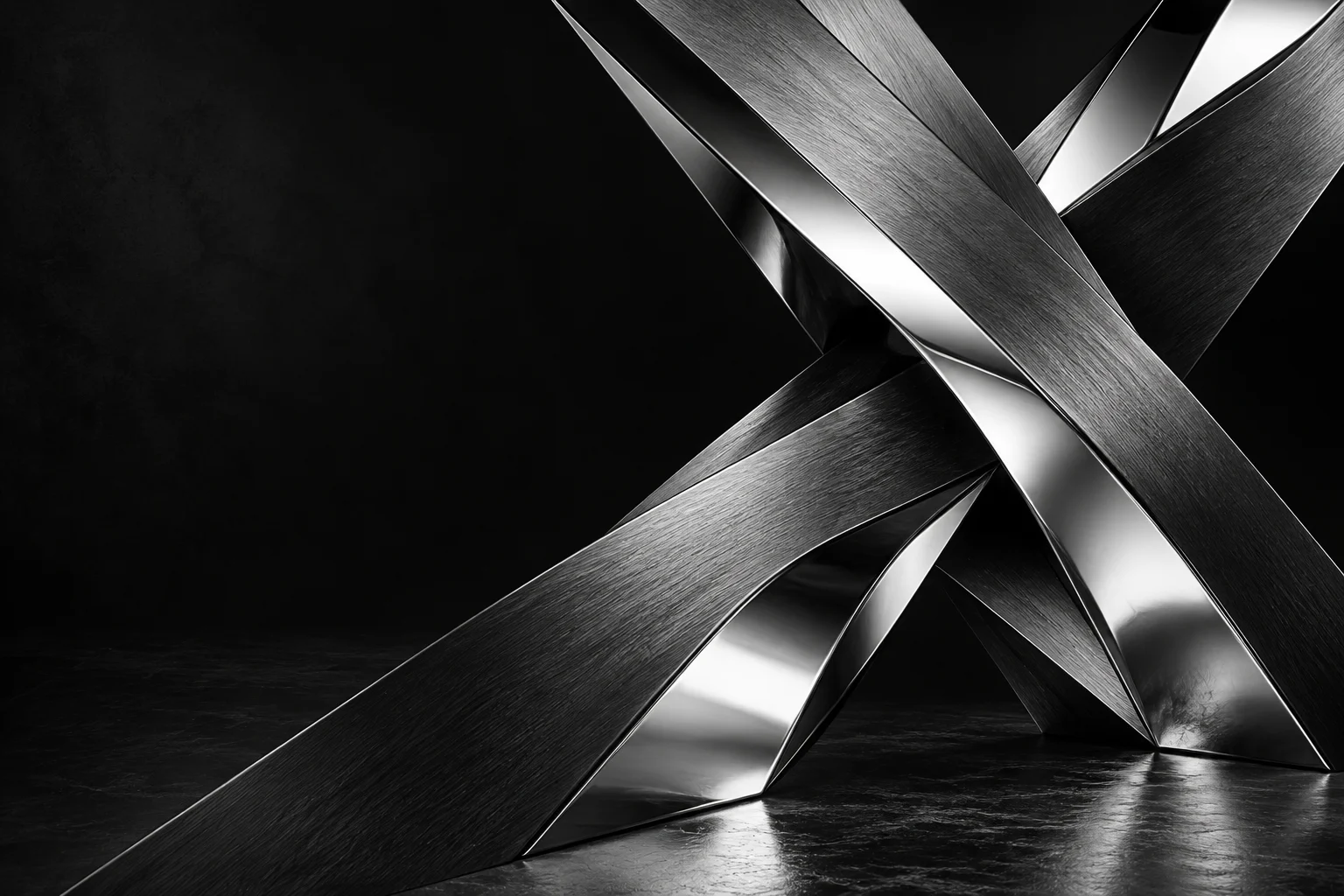 Abstract brushed metal sculpture with intersecting chrome surfaces