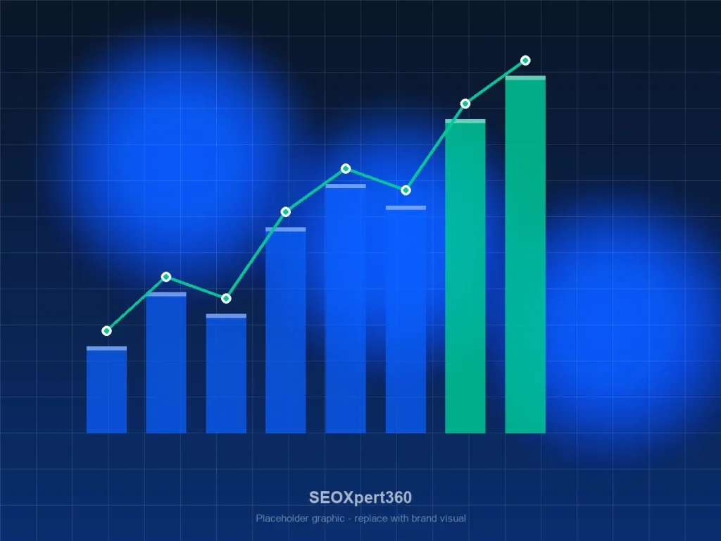 Illustration of an SEO analytics dashboard showing rising organic traffic for a business
